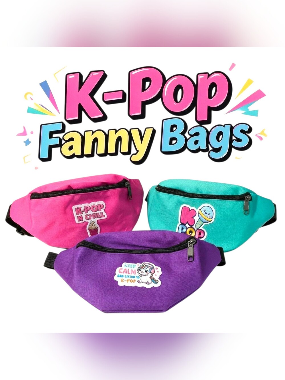 K-Pop Kids Embroidered Fanny Bag Pack - Pink, Blue, Red, Teal & Purple- 2 Pocket